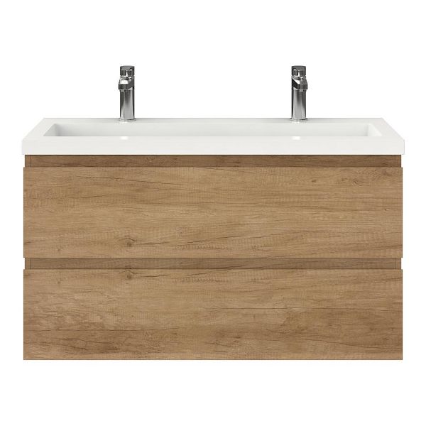 Bellanti Secca/Esta ondiep badmeubel 100x36 2 softclose laden olm greeploos polystone wastafel wit met 2 kraangaten