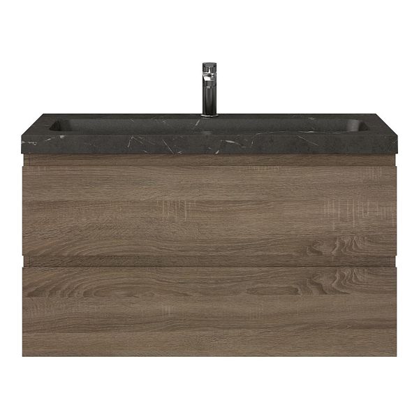 Bellanti Secca/Stone ondiep badmeubel 100x36 2 softclose laden donker eiken greeploos natuurstenen wastafel bluestone met 1 kraangat
