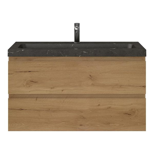 Bellanti Secca/Stone ondiep badmeubel 100x36 2 softclose laden natuur eiken greeploos natuurstenen wastafel bluestone met 1 kraangat