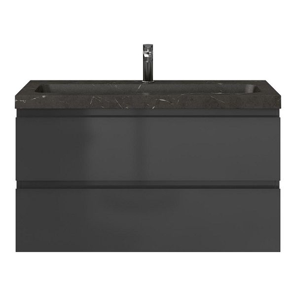Bellanti Secca/Stone ondiep badmeubel 100x36 2 softclose laden hoogglans antraciet greeploos natuurstenen wastafel bluestone met 1 kraangat