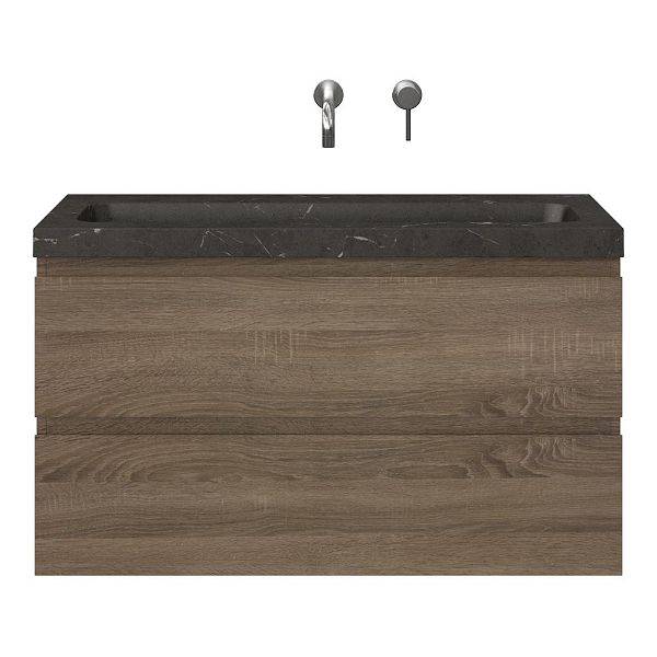 Bellanti Secca/Stone ondiep badmeubel 100x36 2 softclose laden donker eiken greeploos natuurstenen wastafel bluestone met 0 kraangaten