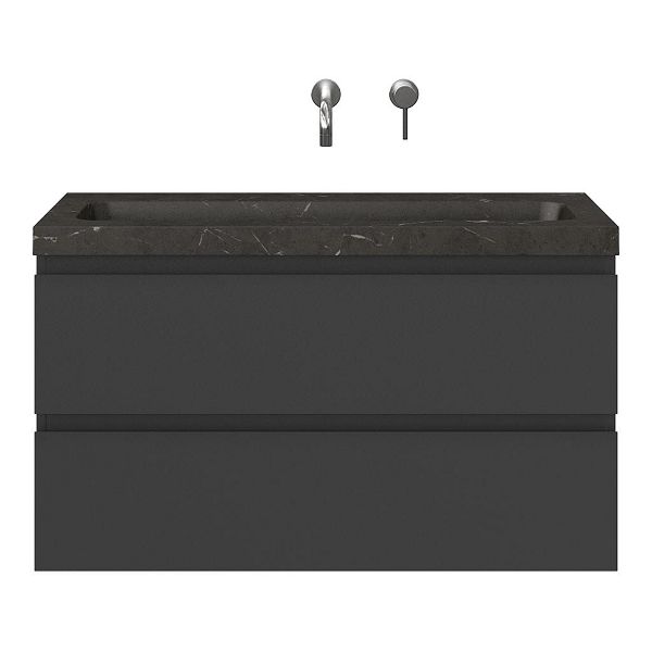 Bellanti Secca/Stone ondiep badmeubel 100x36 2 softclose laden mat antraciet greeploos natuurstenen wastafel bluestone met 0 kraangaten