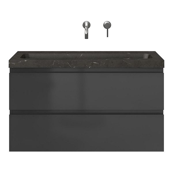 Bellanti Secca/Stone ondiep badmeubel 100x36 2 softclose laden hoogglans antraciet greeploos natuurstenen wastafel bluestone met 0 kraangaten