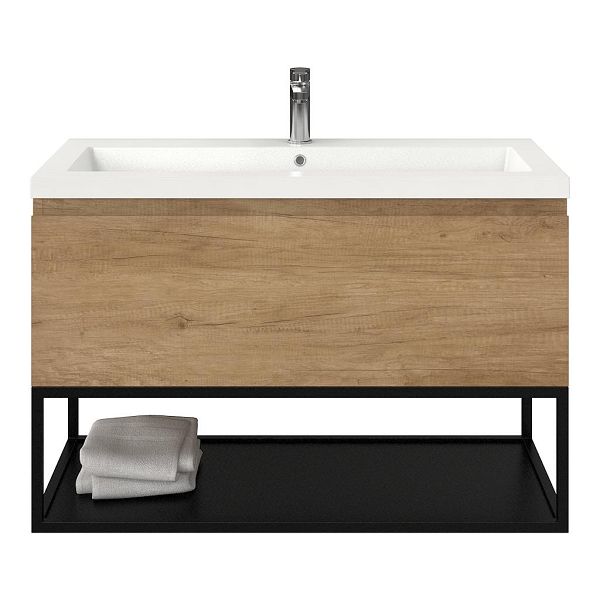 Bellanti Solo/Tela/Esta badmeubel 100x46 1 softclose lade olm greeploos polystone wastafel wit met 1 kraangat met mat zwart metalen frame