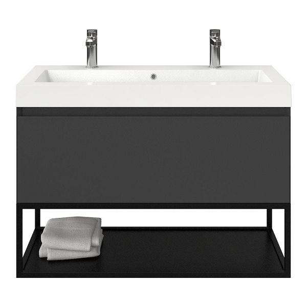 Bellanti Solo/Tela/Esta badmeubel 100x46 1 softclose lade antraciet mat greeploos polystone wastafel wit met 2 kraangaten met mat zwart metalen frame