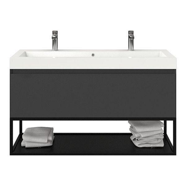 Bellanti Solo/Tela /Esta badmeubel 120x46 1 softclose lade antraciet mat greeploos polystone wastafel wit met 2 kraangaten met mat zwart metalen frame