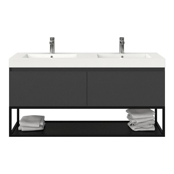 Bellanti Solo/Tela/Esta badmeubel 140x46 2 softclose laden antraciet mat greeploos polystone wastafel dubbel wit met 2 kraangaten met mat zwart metalen frame