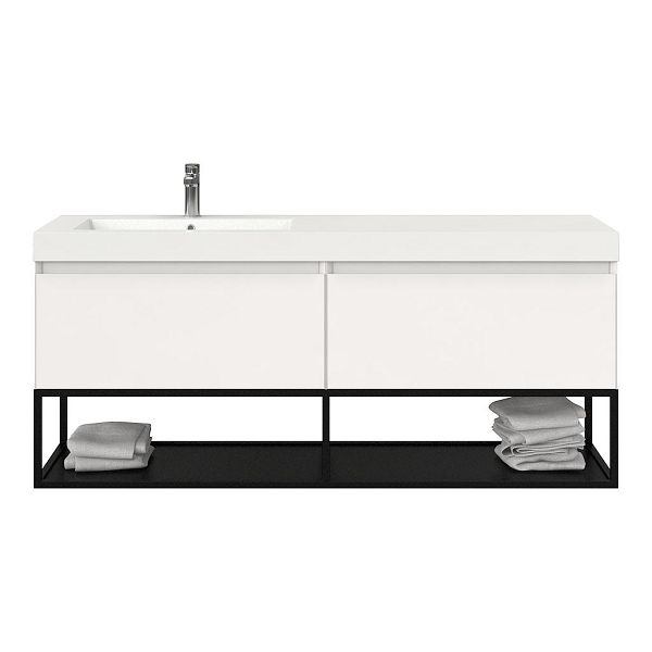Bellanti Solo/Tela/Esta badmeubel 160x46 2 softclose laden hoogglans wit greeploos polystone enkele wastafel links wit met 1 kraangat met mat zwart metalen frame