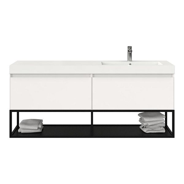 Bellanti Solo/Tela/Esta badmeubel 160x46 2 softclose laden hoogglans wit greeploos polystone enkele wastafel rechts wit met 1 kraangat met mat zwart metalen frame