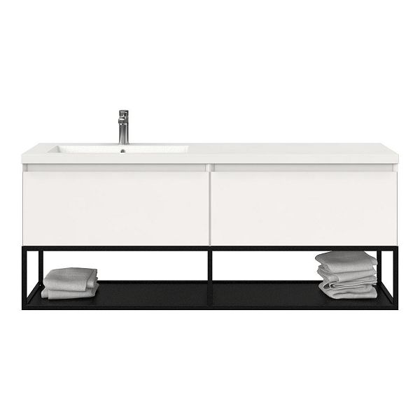 Bellanti Solo/Tela/Esta badmeubel 160x46 2 softclose laden hoogglans wit greeploos polystone enkele wastafel links wit met 1 kraangat met mat zwart metalen frame