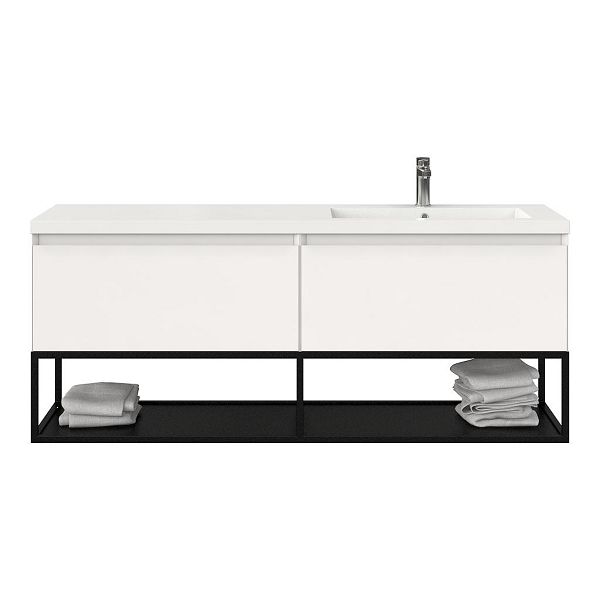 Bellanti Solo/Tela/Esta badmeubel 160x46 2 softclose laden hoogglans wit greeploos polystone enkele wastafel rechts wit met 1 kraangat met mat zwart metalen frame