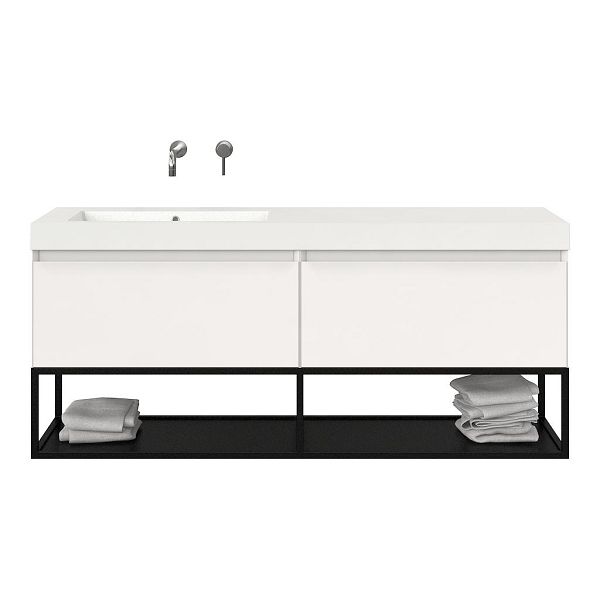 Bellanti Solo/Tela/Esta badmeubel 160x46 2 softclose laden hoogglans wit greeploos polystone enkele wastafel links zonder kraangat met mat zwart metalen frame