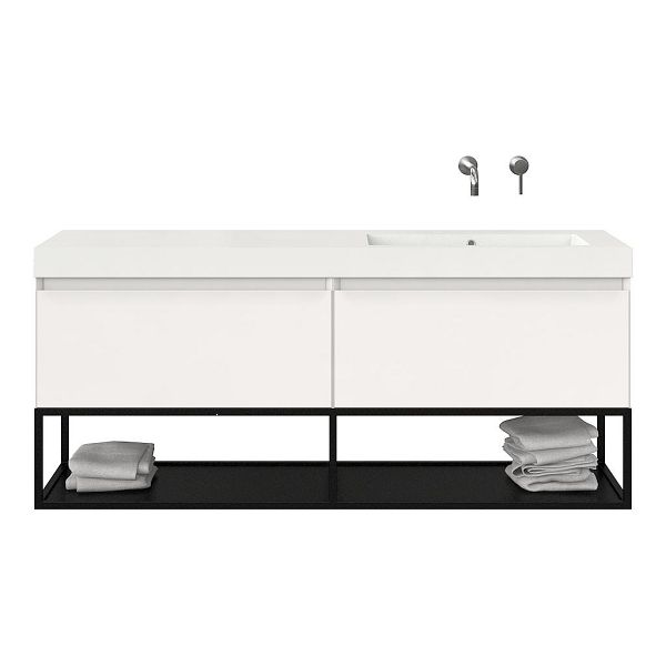 Bellanti Solo/Tela/Esta badmeubel 160x46 2 softclose laden hoogglans wit greeploos polystone enkele wastafel rechts zonder kraangat met mat zwart metalen frame