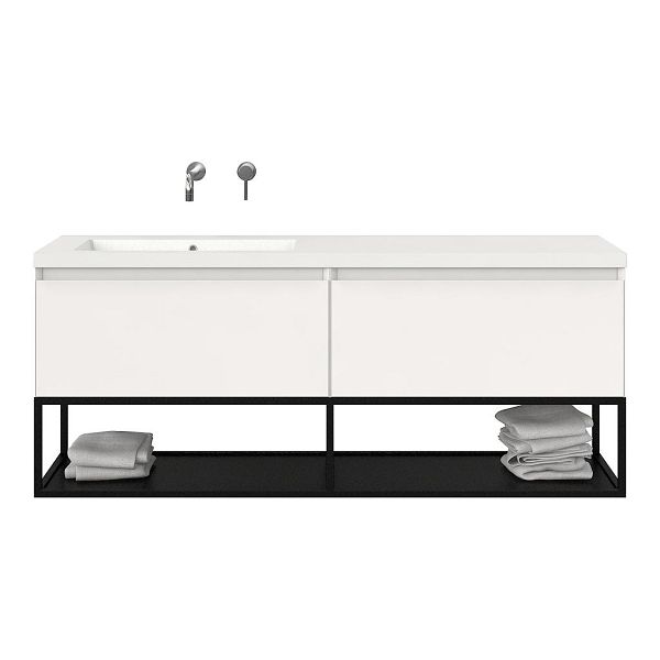 Bellanti Solo/Tela/Esta badmeubel 160x46 2 softclose laden hoogglans wit greeploos polystone enkele wastafel links zonder kraangat met mat zwart metalen frame