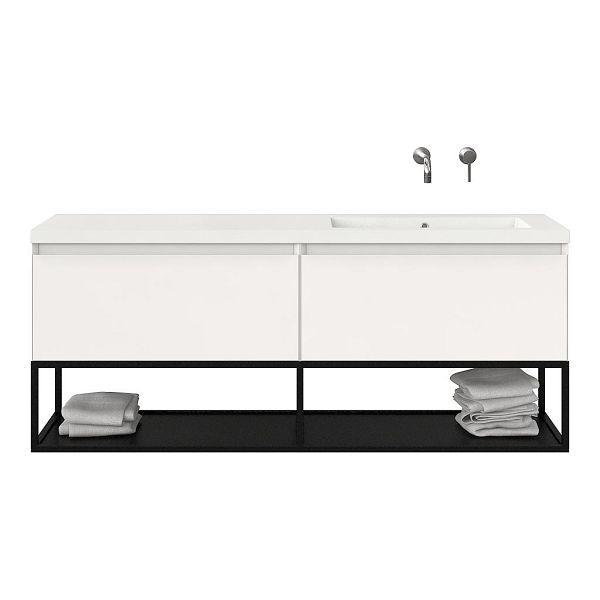 Bellanti Solo/Tela/Esta badmeubel 160x46 2 softclose laden hoogglans wit greeploos polystone enkele wastafel rechts zonder kraangat met mat zwart metalen frame