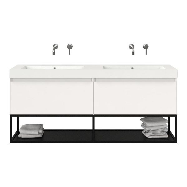 Bellanti Solo/Tela/Esta badmeubel 160x46 2 softclose laden hoogglans wit greeploos polystone dubbele wastafel wit zonder kraangaten met mat zwart metalen frame