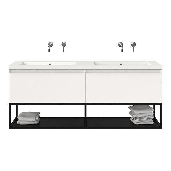 Bellanti Solo/Tela/Esta badmeubel 160x46 2 softclose laden hoogglans wit greeploos polystone dubbele wastafel wit zonder kraangaten met mat zwart metalen frame