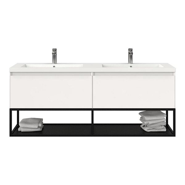 Bellanti Solo/Tela/Esta badmeubel 160x46 2 softclose laden hoogglans wit greeploos polystone dubbele wastafel wit met 2 kraangaten met mat zwart metalen frame