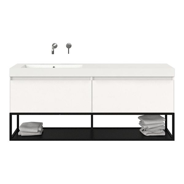 Bellanti Solo/Tela/Esta badmeubel 160x46 2 softclose laden mat wit greeploos polystone enkele wastafel links zonder kraangat met mat zwart metalen frame