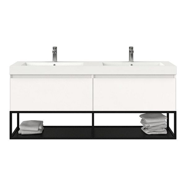 Bellanti Solo/Tela/Esta badmeubel 160x46 2 softclose laden mat wit greeploos polystone dubbele wastafel wit met 2 kraangaten met mat zwart metalen frame