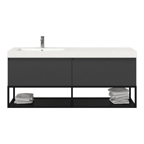 Bellanti Solo/Tela/Esta badmeubel 160x46 2 softclose laden mat antraciet greeploos polystone enkele wastafel links wit met 1 kraangat met mat zwart metalen frame