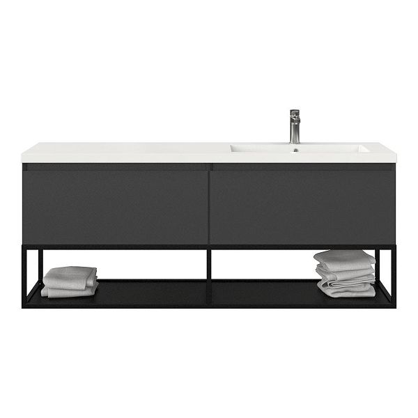 Bellanti Solo/Tela/Esta badmeubel 160x46 2 softclose laden mat antraciet greeploos polystone enkele wastafel rechts wit met 1 kraangat met mat zwart metalen frame