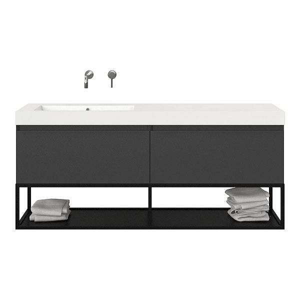 Bellanti Solo/Tela/Esta badmeubel 160x46 2 softclose laden mat antraciet greeploos polystone enkele wastafel links zonder kraangat met mat zwart metalen frame