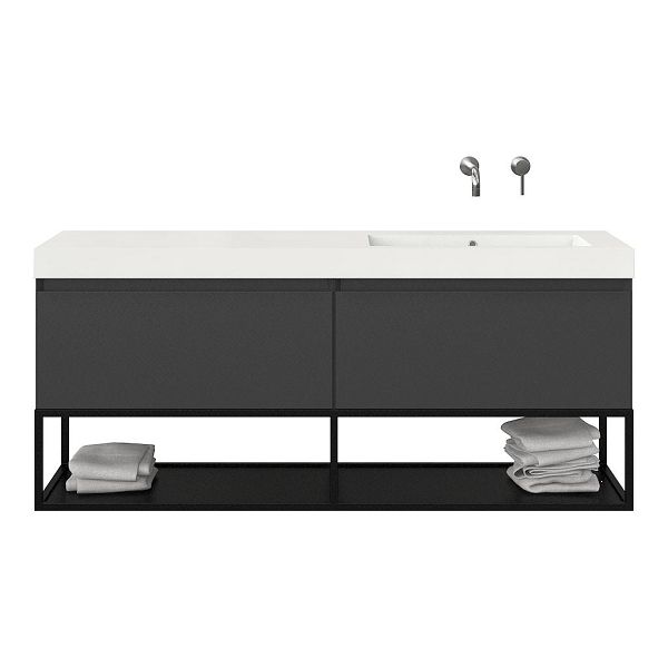 Bellanti Solo/Tela/Esta badmeubel 160x46 2 softclose laden mat antraciet greeploos polystone enkele wastafel rechts zonder kraangat met mat zwart metalen frame