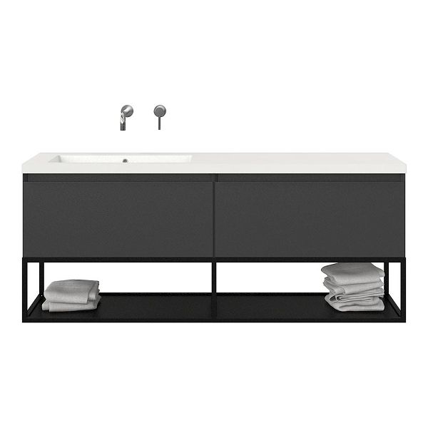 Bellanti Solo/Tela/Esta badmeubel 160x46 2 softclose laden mat antraciet greeploos polystone enkele wastafel links zonder kraangat met mat zwart metalen frame