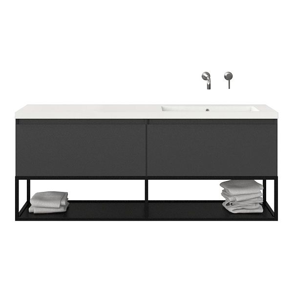 Bellanti Solo/Tela/Esta badmeubel 160x46 2 softclose laden mat antraciet greeploos polystone enkele wastafel rechts zonder kraangat met mat zwart metalen frame