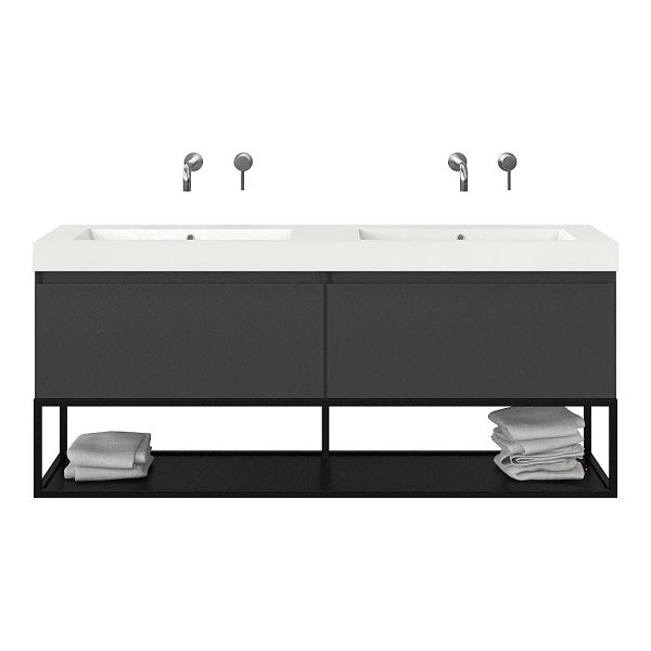 Bellanti Solo/Tela/Esta badmeubel 160x46 2 softclose laden mat antraciet greeploos polystone dubbele wastafel wit zonder kraangaten met mat zwart metalen frame
