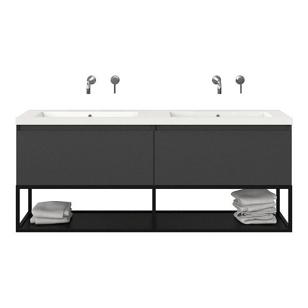 Bellanti Solo/Tela/Esta badmeubel 160x46 2 softclose laden mat antraciet greeploos polystone dubbele wastafel wit zonder kraangaten met mat zwart metalen frame