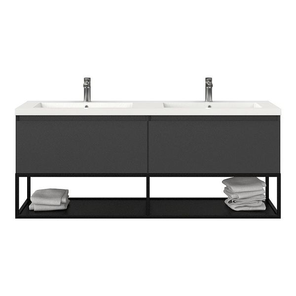 Bellanti Solo/Tela/Esta badmeubel 160x46 2 softclose laden mat antraciet greeploos polystone dubbele wastafel wit met 2 kraangaten met mat zwart metalen frame