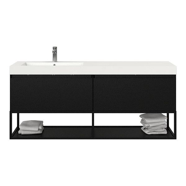 Bellanti Solo/Tela/Esta badmeubel 160x46 2 softclose laden mat zwart greeploos polystone enkele wastafel links wit met 1 kraangat met mat zwart metalen frame