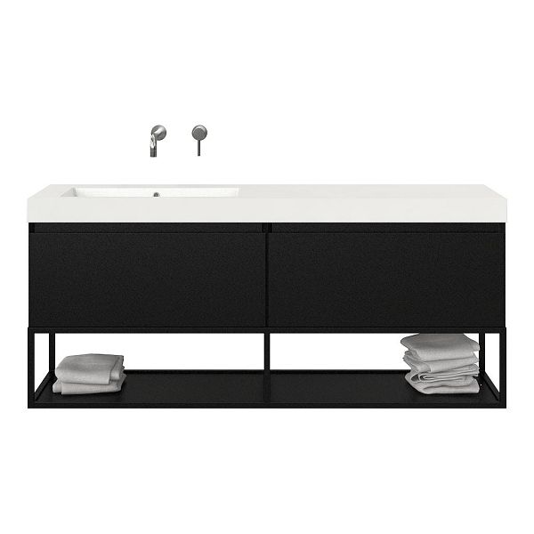 Bellanti Solo/Tela/Esta badmeubel 160x46 2 softclose laden mat zwart greeploos polystone enkele wastafel links zonder kraangat met mat zwart metalen frame