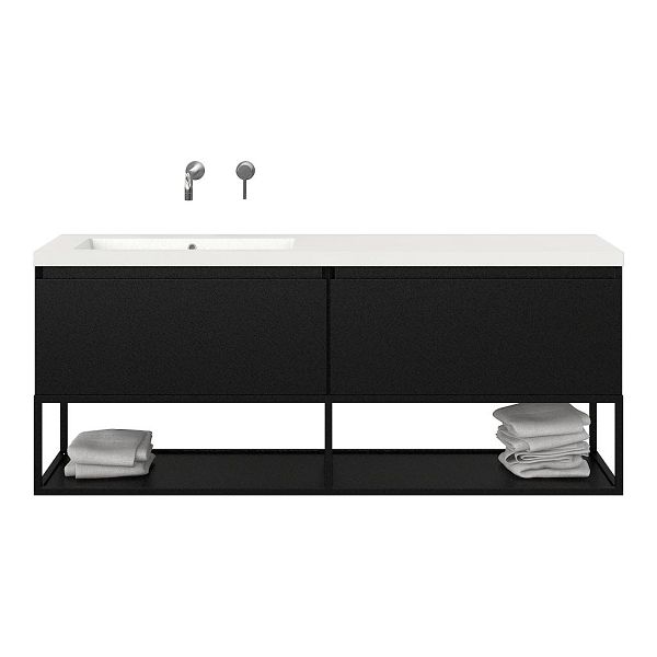 Bellanti Solo/Tela/Esta badmeubel 160x46 2 softclose laden mat zwart greeploos polystone enkele wastafel links zonder kraangat met mat zwart metalen frame