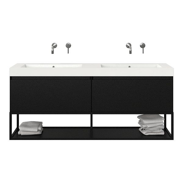 Bellanti Solo/Tela/Esta badmeubel 160x46 2 softclose laden mat zwart greeploos polystone dubbele wastafel wit zonder kraangaten met mat zwart metalen frame