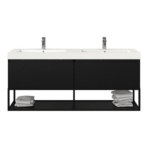 Bellanti Solo/Tela/Esta badmeubel 160x46 2 softclose laden mat zwart greeploos polystone dubbele wastafel wit met 2 kraangaten met mat zwart metalen frame
