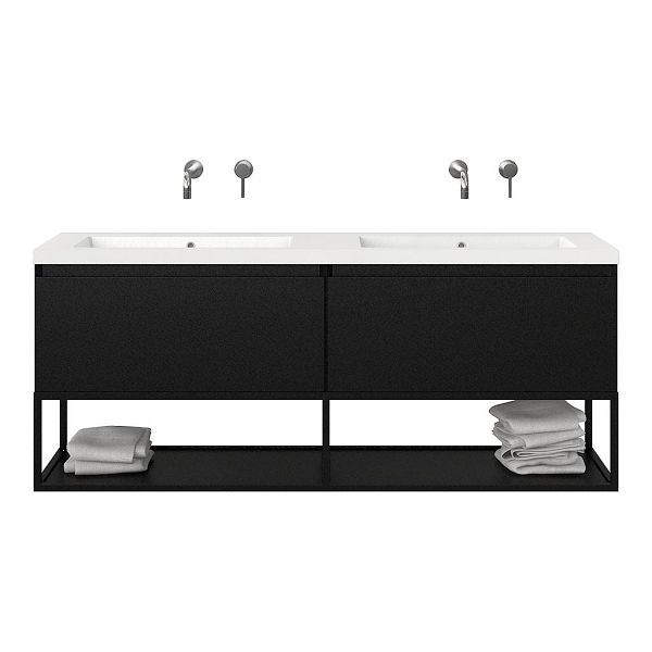 Bellanti Solo/Tela/Esta badmeubel 160x46 2 softclose laden mat zwart greeploos polystone dubbele wastafel wit zonder kraangaten met mat zwart metalen frame