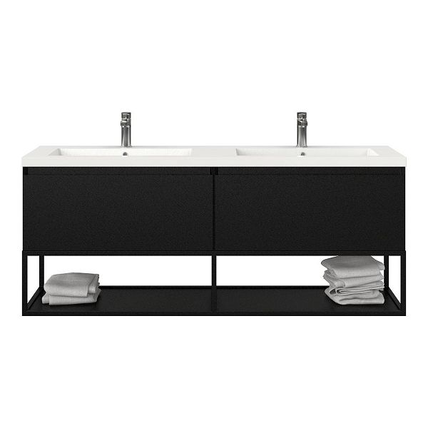 Bellanti Solo/Tela/Esta badmeubel 160x46 2 softclose laden mat zwart greeploos polystone dubbele wastafel wit met 2 kraangaten met mat zwart metalen frame