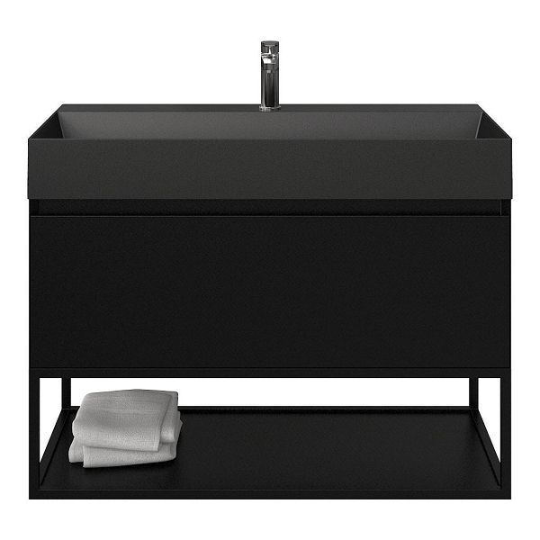 Bellanti Solo/Tela/Azzurra badmeubel 100x46 1 softclose lade zwart mat greeploos keramische wastafel zwart mat met 1 kraangat met mat zwart metalen frame