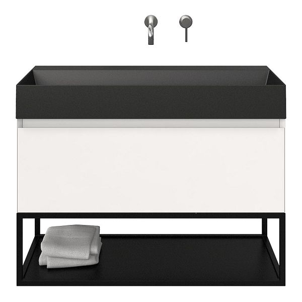 Bellanti Solo/Tela/Azzurra badmeubel 100x46 1 softclose lade wit hoogglans greeploos keramische wastafel zwart mat zonder kraangaten met mat zwart metalen frame