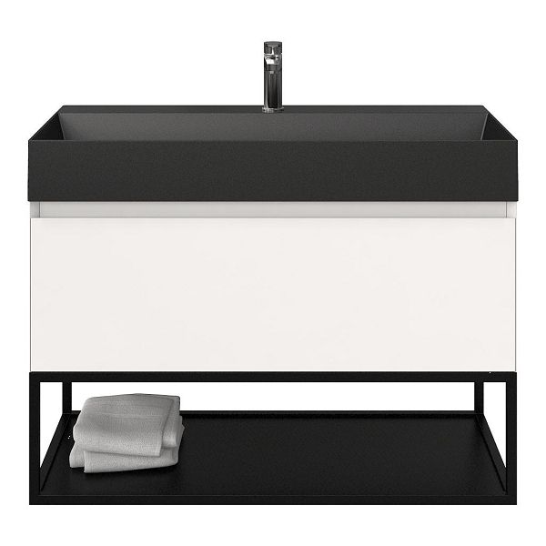 Bellanti Solo/Tela/Azzurra badmeubel 100x46 1 softclose lade wit hoogglans greeploos keramische wastafel zwart mat met 1 kraangat met mat zwart metalen frame
