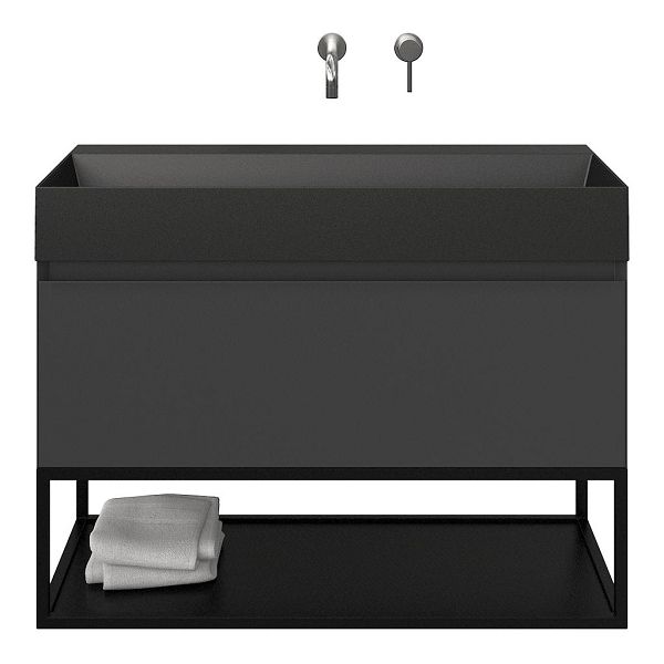 Bellanti Solo/Tela/Azzurra badmeubel 100x46 1 softclose lade antraciet mat greeploos keramische wastafel zwart mat zonder kraangaten met mat zwart metalen frame