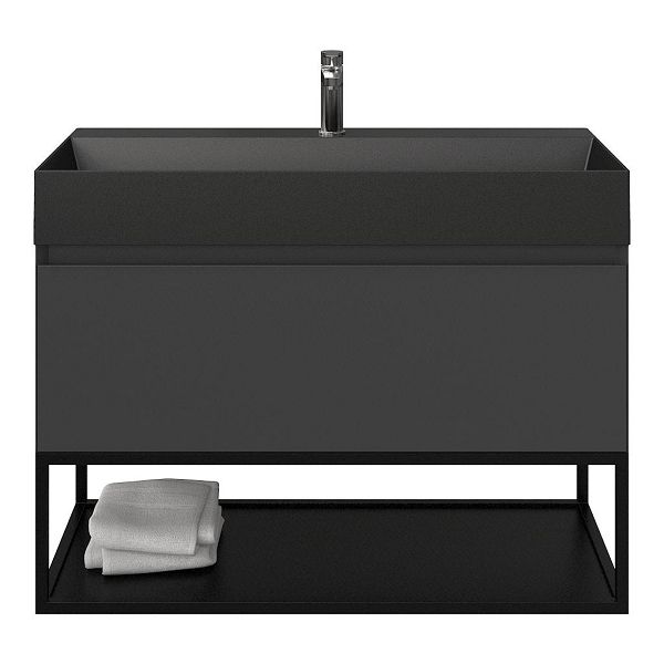 Bellanti Solo/Tela/Azzurra badmeubel 100x46 1 softclose lade antraciet mat greeploos keramische wastafel zwart mat met 1 kraangat met mat zwart metalen frame