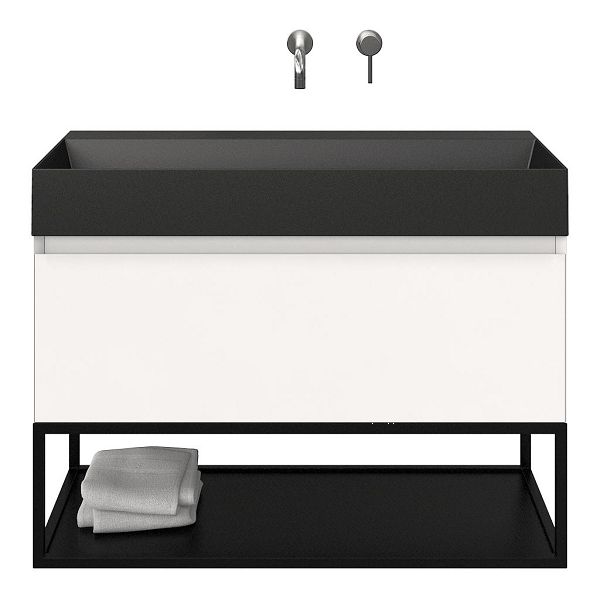 Bellanti Solo/Tela/Azzurra badmeubel 100x46 1 softclose lade wit mat greeploos keramische wastafel zwart mat zonder kraangaten met mat zwart metalen frame