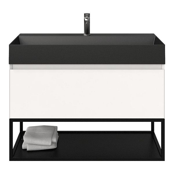 Bellanti Solo/Tela/Azzurra badmeubel 100x46 1 softclose lade wit mat greeploos keramische wastafel zwart mat met 1 kraangat met mat zwart metalen frame