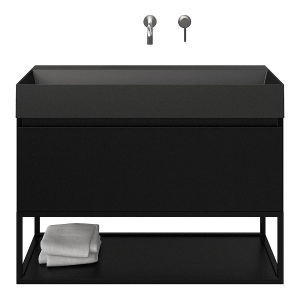 Bellanti Solo/Tela/Azzurra badmeubel 100x46 1 softclose lade zwart mat greeploos keramische wastafel zwart mat zonder kraangaten met mat zwart metalen frame