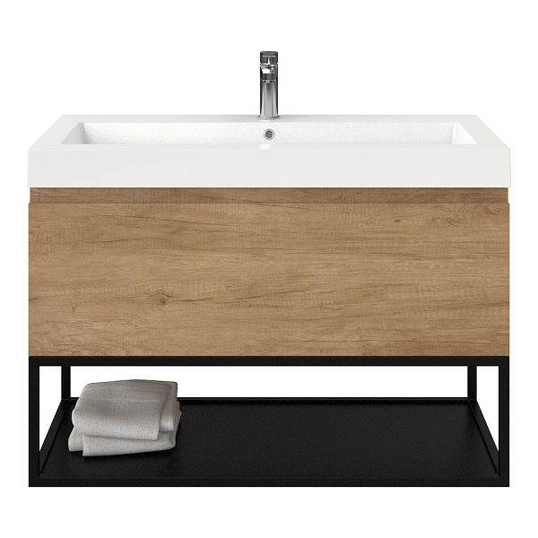 Bellanti Solo/Tela/Esta badmeubel 100x46 1 softclose lade olm greeploos polystone wastafel wit met 1 kraangat met mat zwart metalen frame