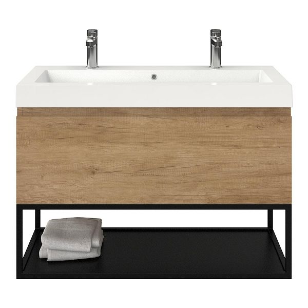 Bellanti Solo/Tela/Esta badmeubel 100x46 1 softclose lade olm greeploos polystone wastafel wit met 2 kraangaten met mat zwart metalen frame